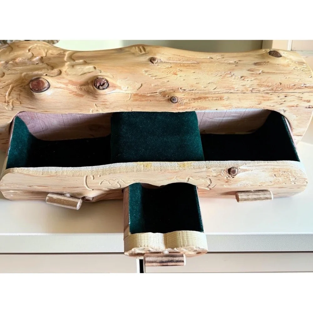 VTG Cedar Log Jewelry Box Hidden Drawer Heart Green Velvet Rustic 13